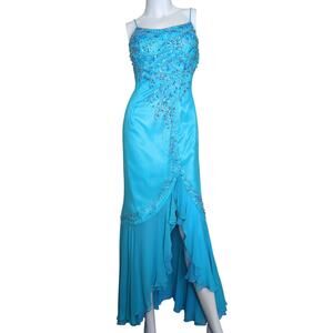 Beaded Silk Chiffon Gown 4 Dress Asymmetric Square Neck Y2K Fairy Mermaid‎ Glam